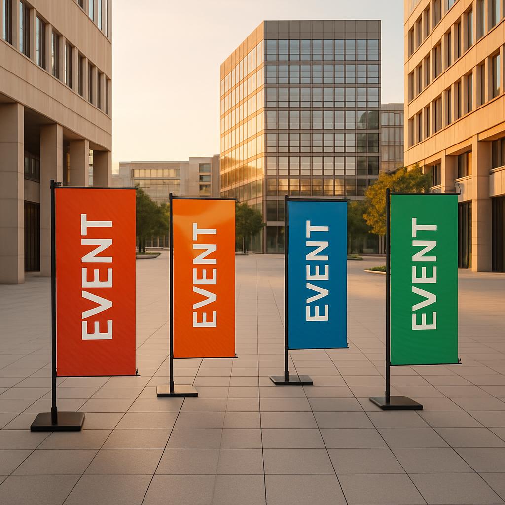 Event bunting outside an office building.